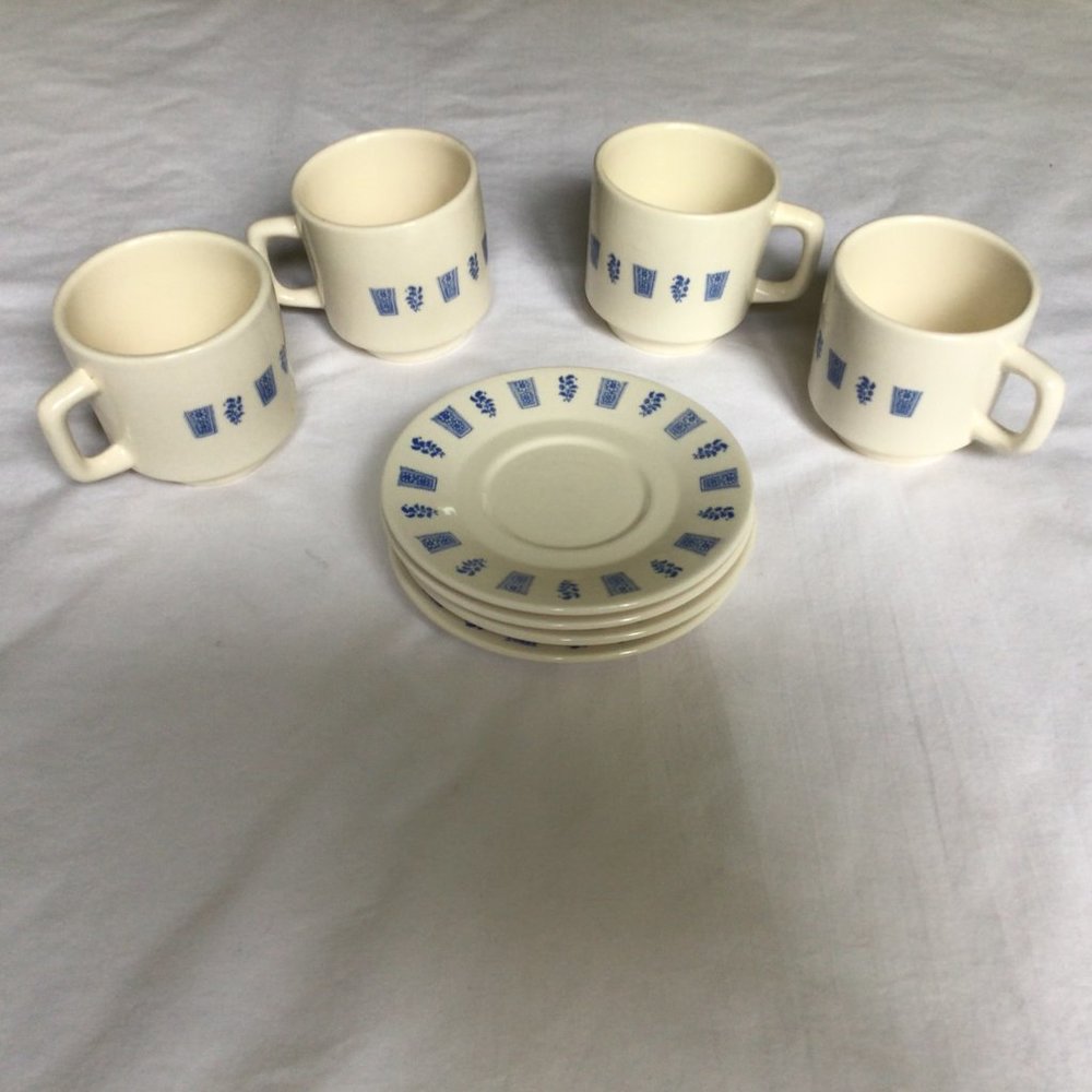 Set of Four Cream colored Mugs and Saucers with blue print design - Picture 2 of 8